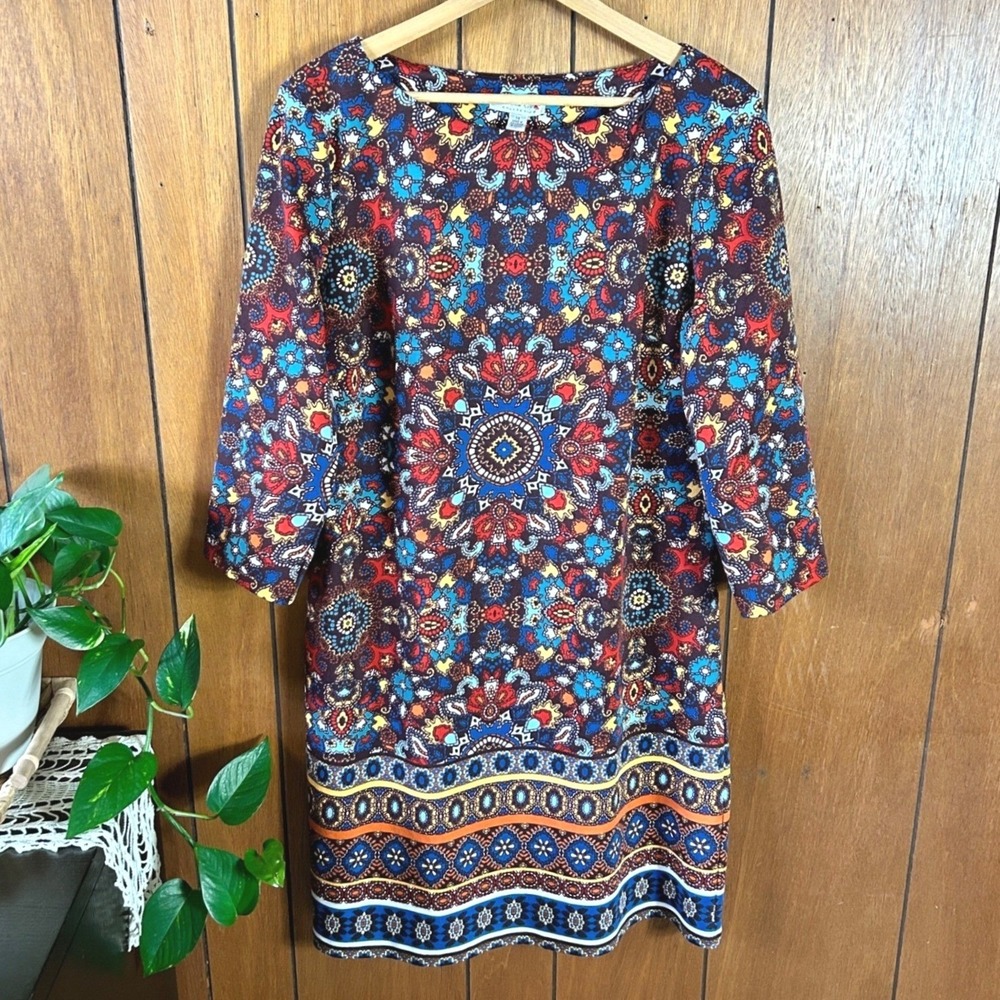 London Style Boho Medallion Print Boatneck Shift Dress Burgundy Teal 3/4 Sleeve